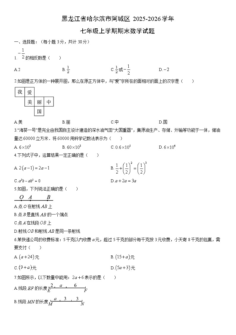 2025-2026学年黑龙江省哈尔滨市阿城区七年级上学期期末数学试卷（学生版）第1页