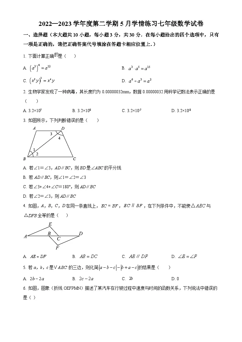 广东省茂名市高州市第一中学附属实验中学七年级下学期5月月考数学试题（原卷版）-A4第1页