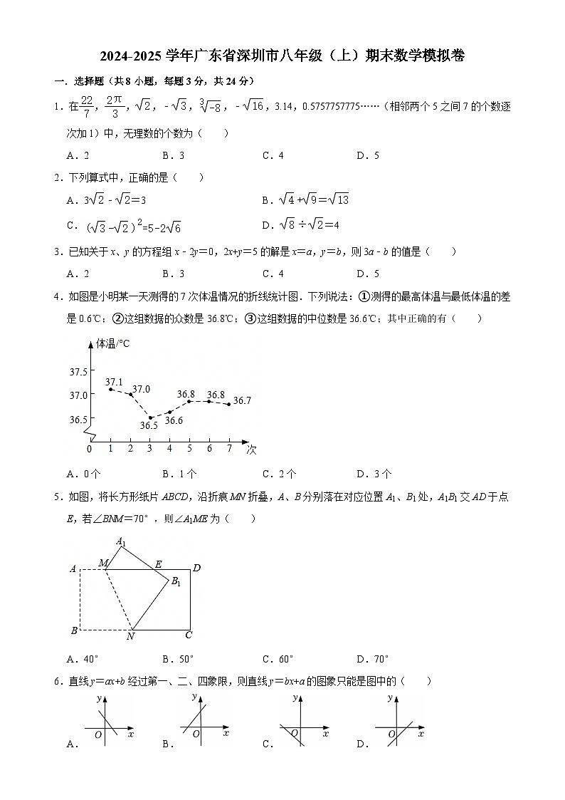 广东省深圳市八年级（上）期末数学模拟卷-A4第1页