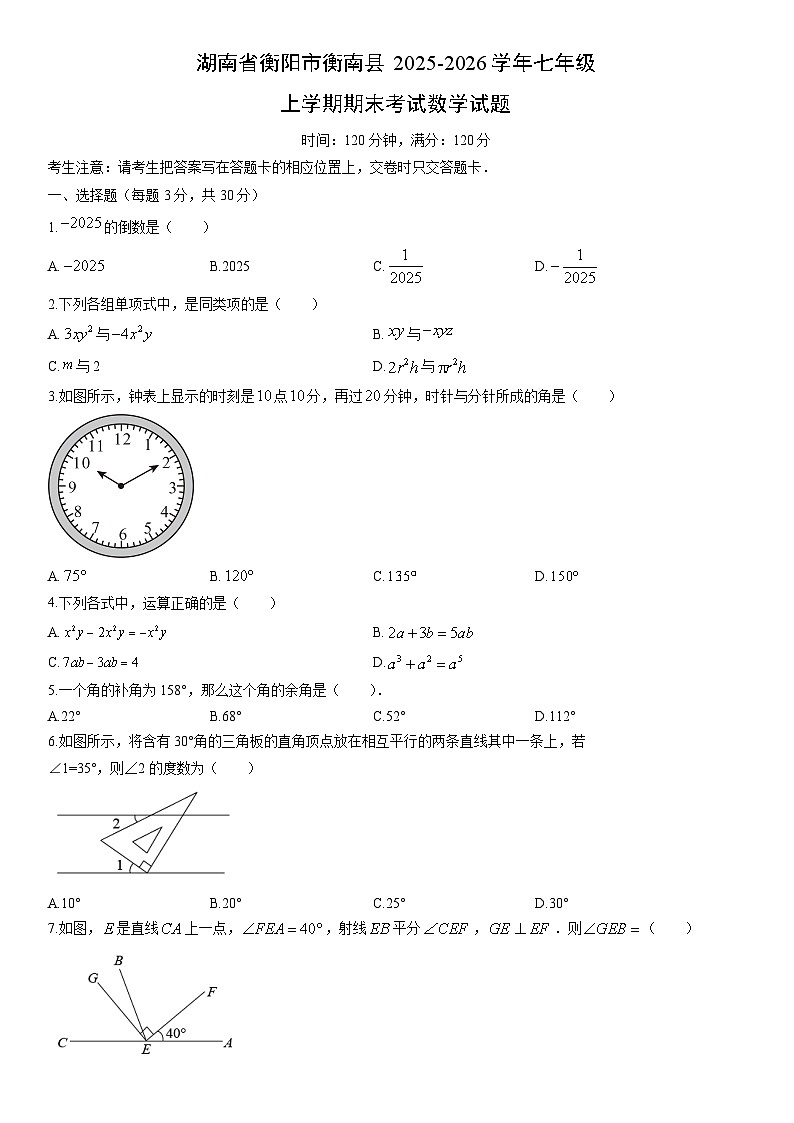 2025-2026学年湖南省衡阳市衡南县七年级上学期期末考试数学试卷（学生版）第1页