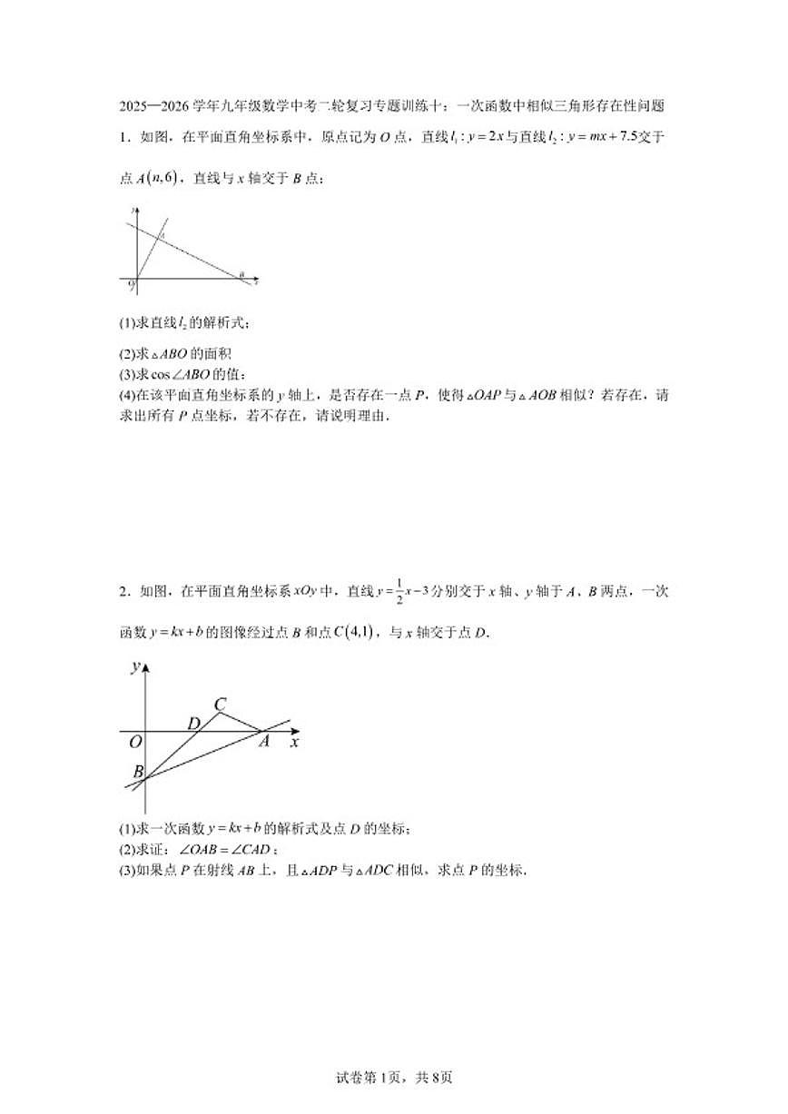 2025—2026学年九年级数学中考二轮复习专题训练十：一次函数中相似三角形存在性问题（含答案）第1页