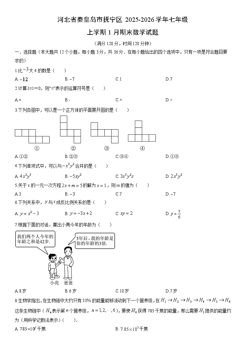 2025-2026学年河北省秦皇岛市抚宁区七年级上学期1月期末数学试卷（学生版）第1页