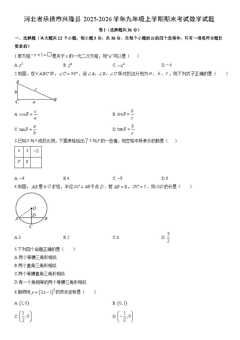 2025-2026学年河北省承德市兴隆县九年级上学期期末考试数学试卷（学生版）第1页
