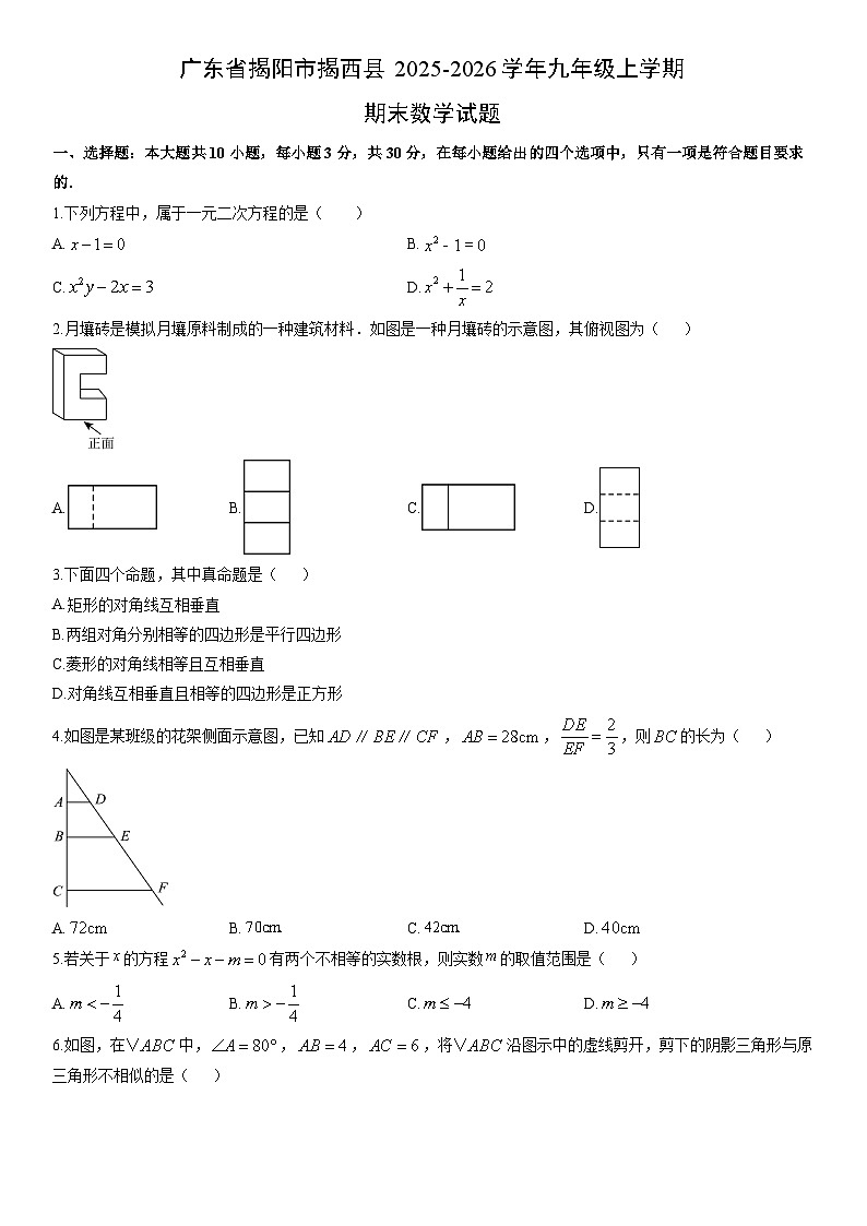 2025-2026学年广东省揭阳市揭西县九年级上学期期末数学试卷（学生版）第1页