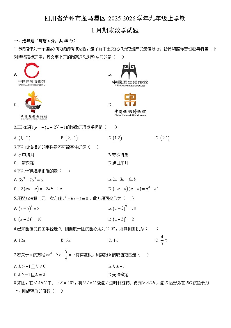 2025-2026学年四川省泸州市龙马潭区九年级上学期1月期末数学试卷（学生版）第1页