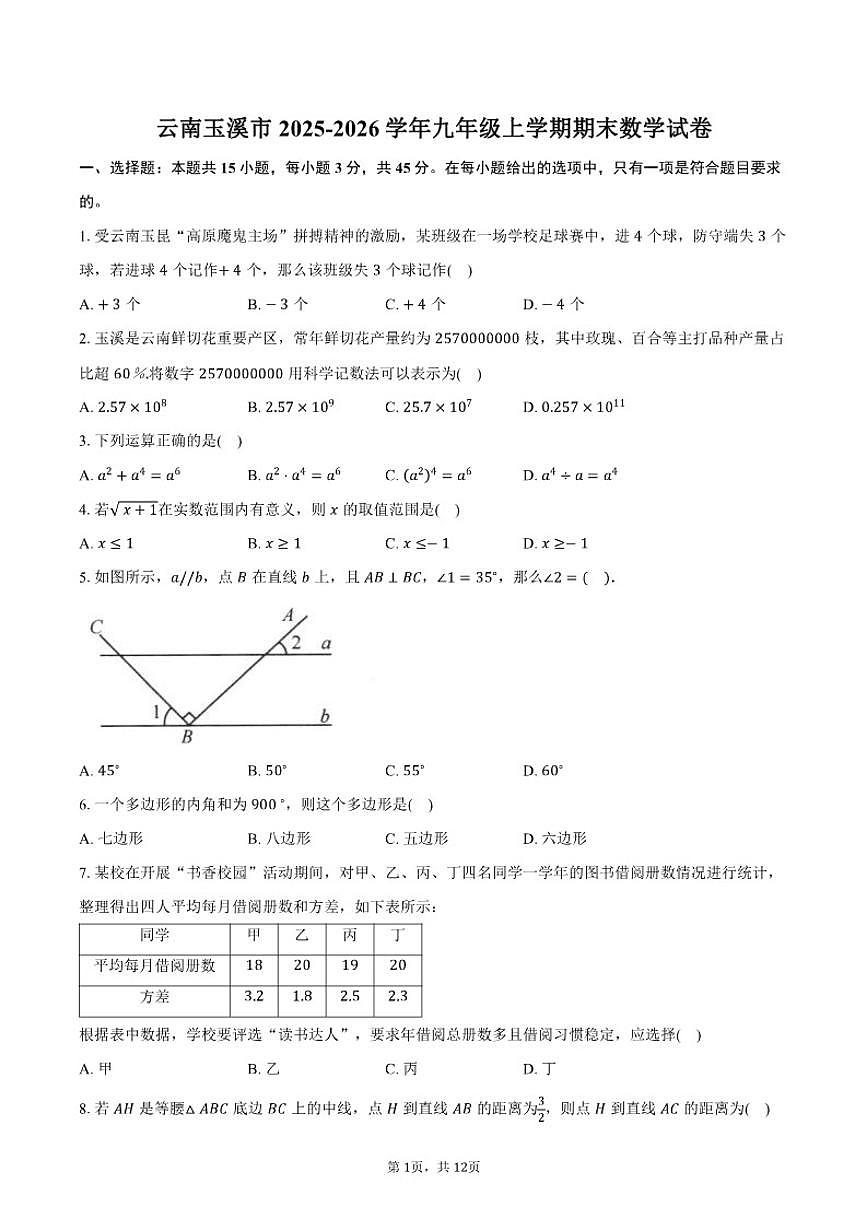 2025-2026学年云南玉溪市九年级上学期期末数学试卷（含答案）第1页