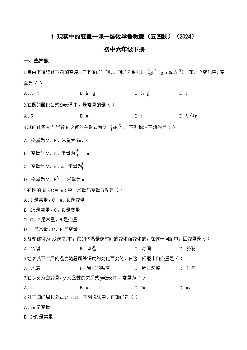 1 现实中的变量一课一练数学鲁教版（五四制）（2024）初中六年级下册(无答案)第1页
