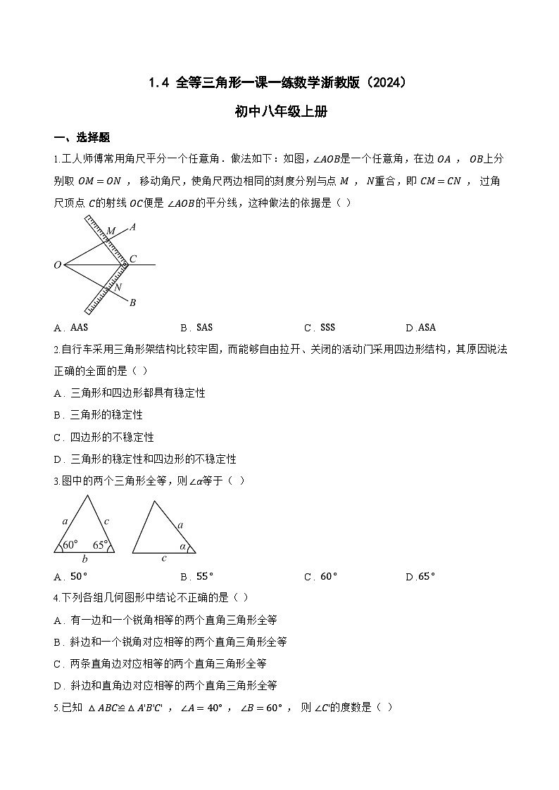 1.4 全等三角形一课一练数学浙教版（2024）初中八年级上册(无答案)第1页