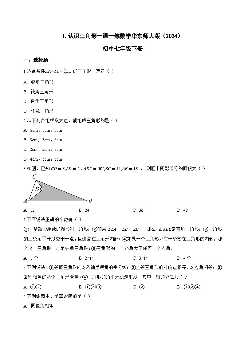 1.认识三角形一课一练数学华东师大版（2024）初中七年级下册(无答案)第1页