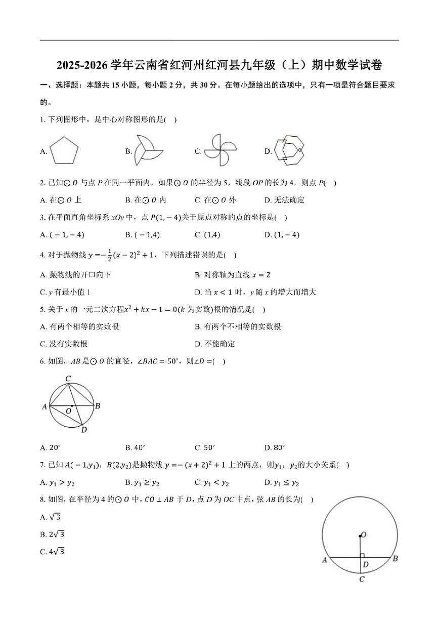 2025-2026学年云南省红河州红河县九年级上学期期中数学_(含答案_)试卷第1页
