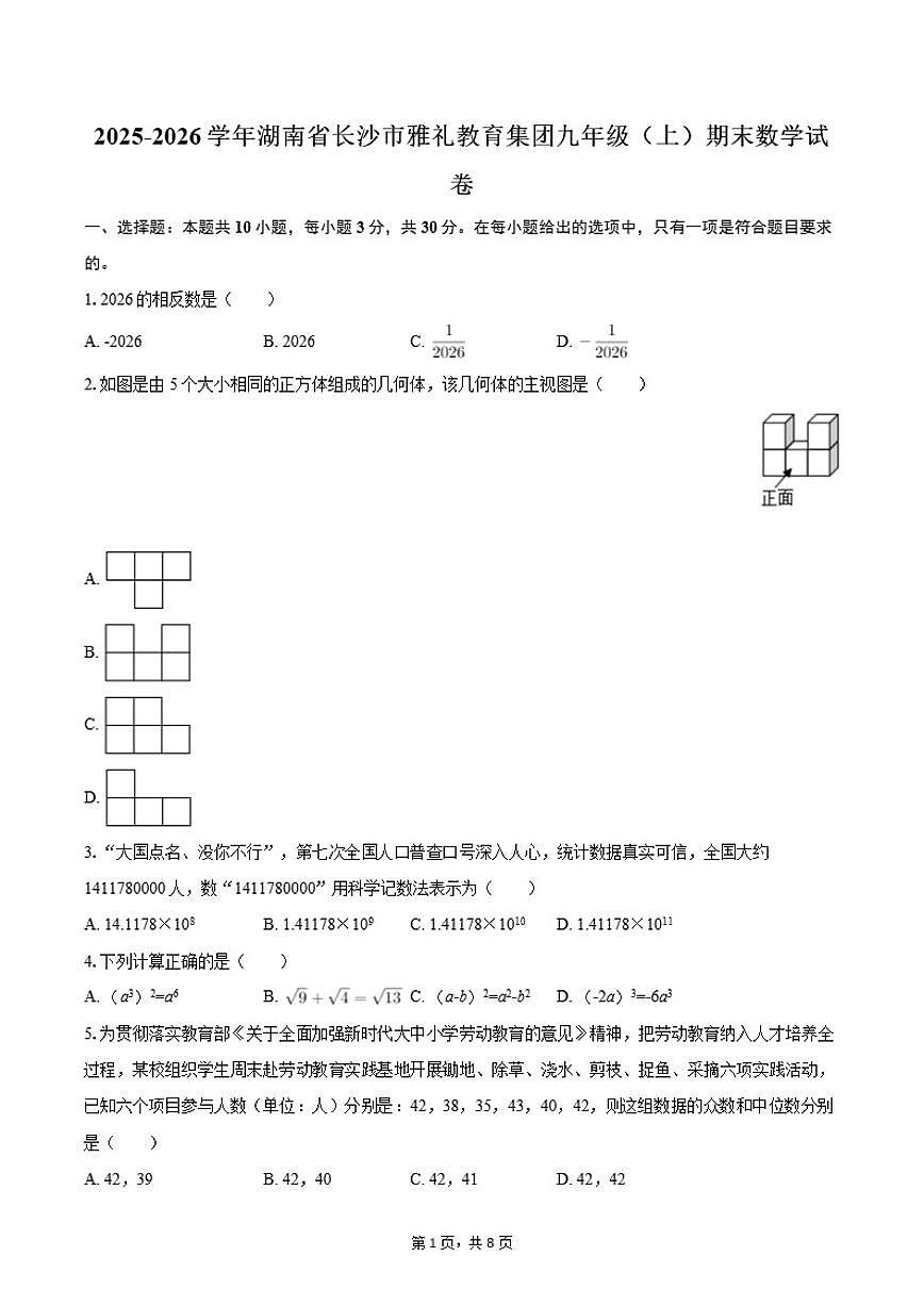 2025-2026学年湖南省长沙市雅礼教育集团九年级（上）期末数学试卷（含答案）第1页