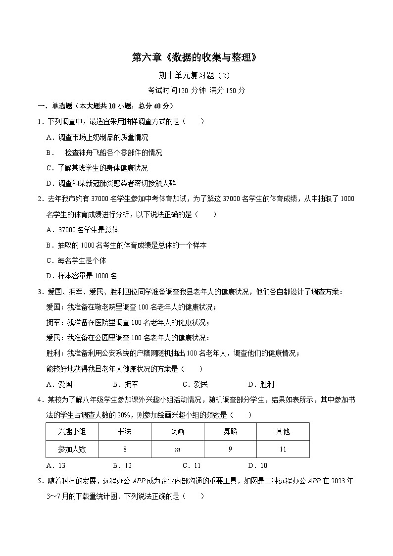 第六章 数据的收集与整理 期末单元复习题（2）2024-2025学年北师大版数学七年级上册(含答案）第1页