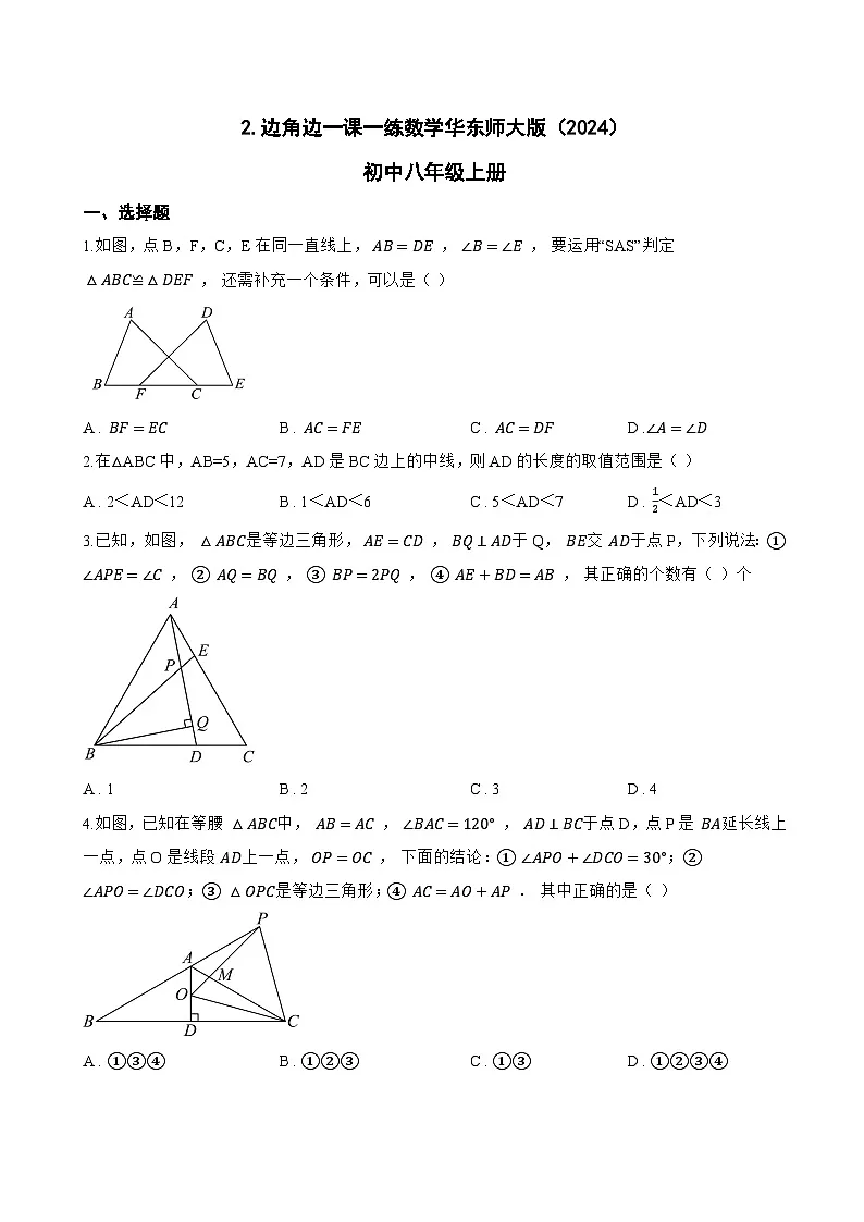 2. 边角边一课一练数学华东师大版（2024）初中八年级上册(无答案)第1页