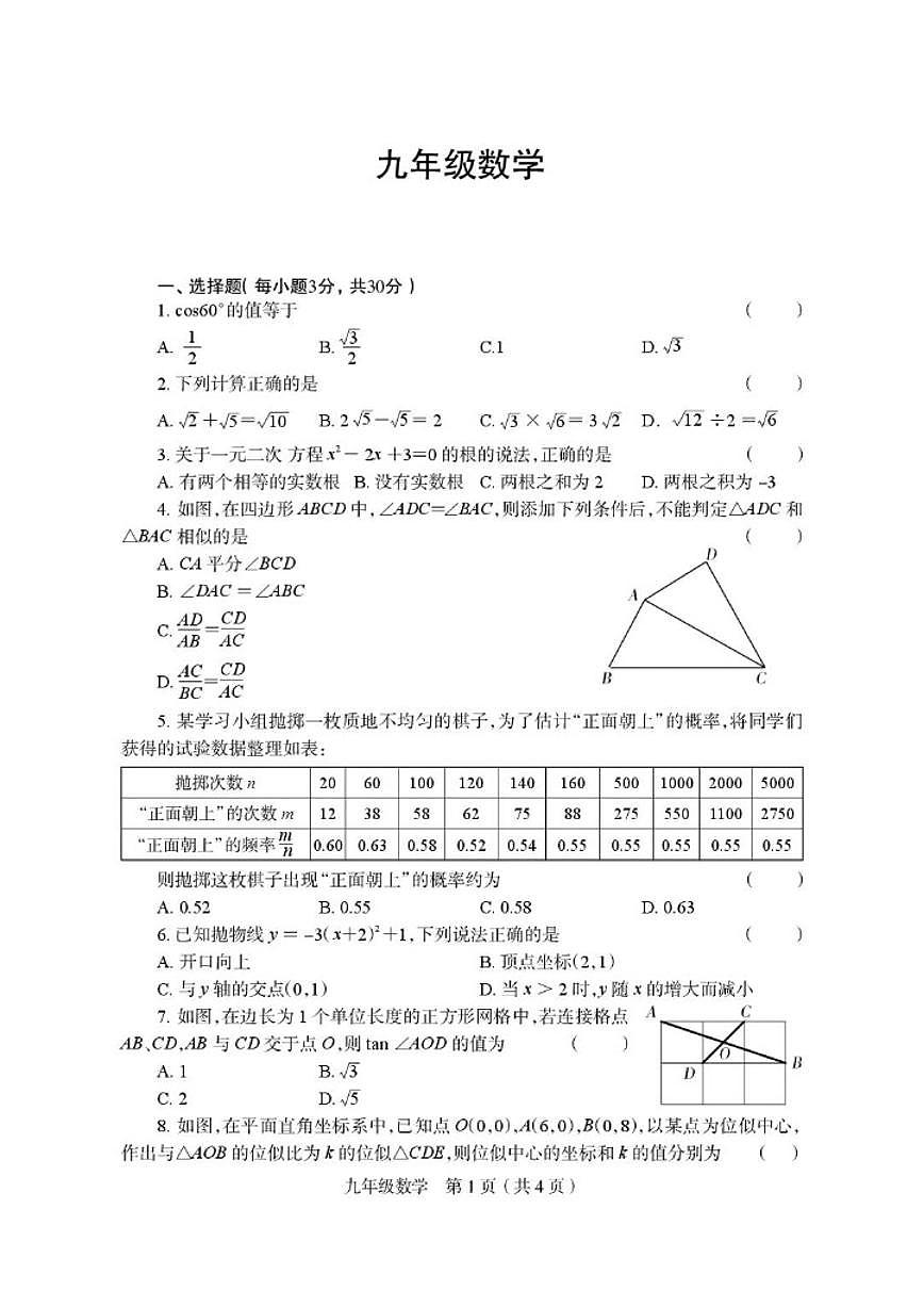 2025-2026学年河南洛阳市偃师区第一学期期末质量检测九年级数学_(含答案_)试卷第1页