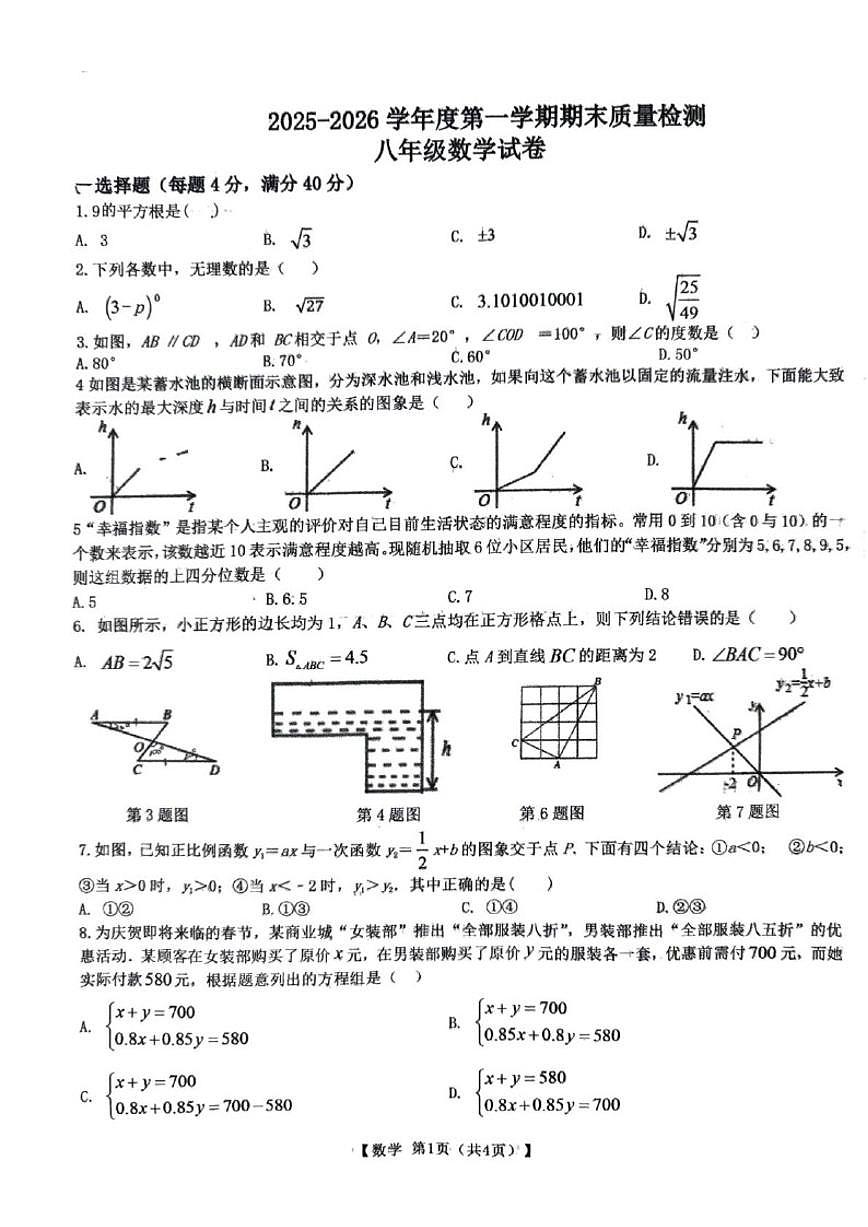 2025-2026学年安徽宿州市萧县度第一学期期末质量检测八年级数学_(含答案_)试卷第1页