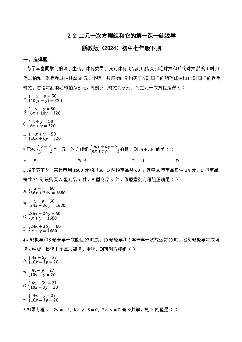 2.2 二元一次方程组和它的解一课一练数学浙教版（2024）初中七年级下册(无答案)第1页