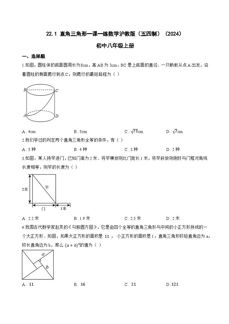 22.1 直角三角形一课一练数学沪教版（五四制）（2024）初中八年级上册(无答案)第1页