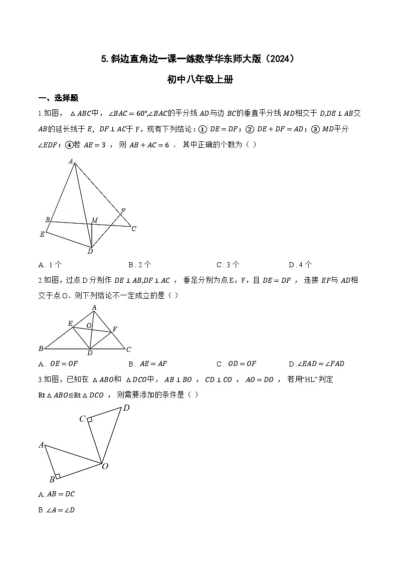 5. 斜边直角边一课一练数学华东师大版（2024）初中八年级上册(无答案)第1页