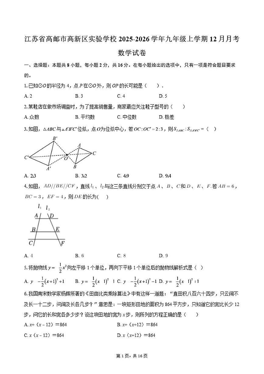 2025-2026学年江苏省高邮市高新区实验学校九年级上学期12月月考数学试卷（含答案）第1页