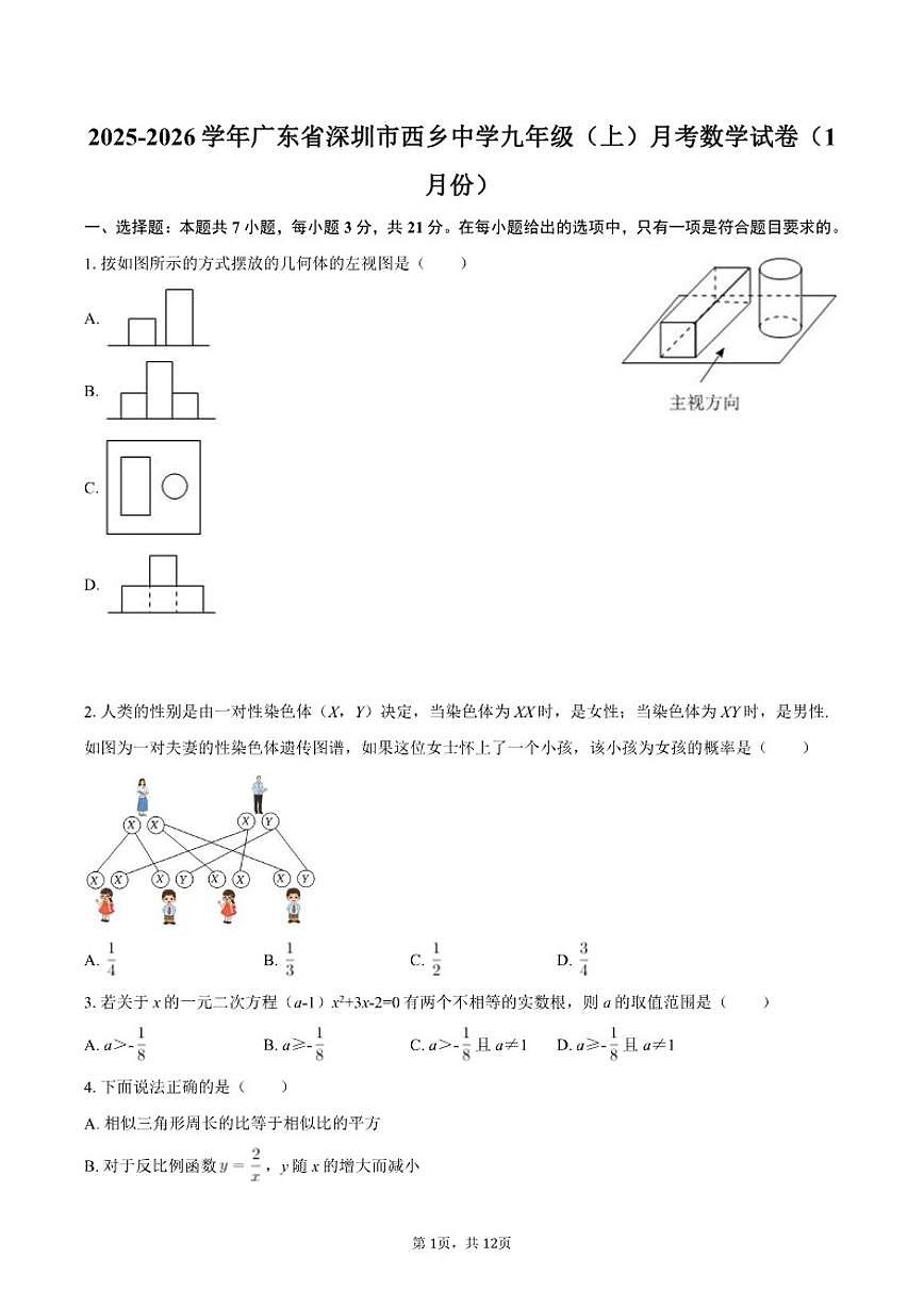 2025-2026学年广东省深圳市西乡中学九年级（上）月考数学（1月份）试卷（含答案）第1页