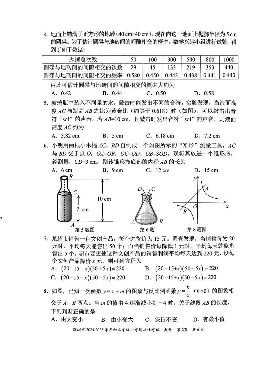 2024-2025学年广东省深圳市初三中考适应性考试数学试卷（含答案）第2页