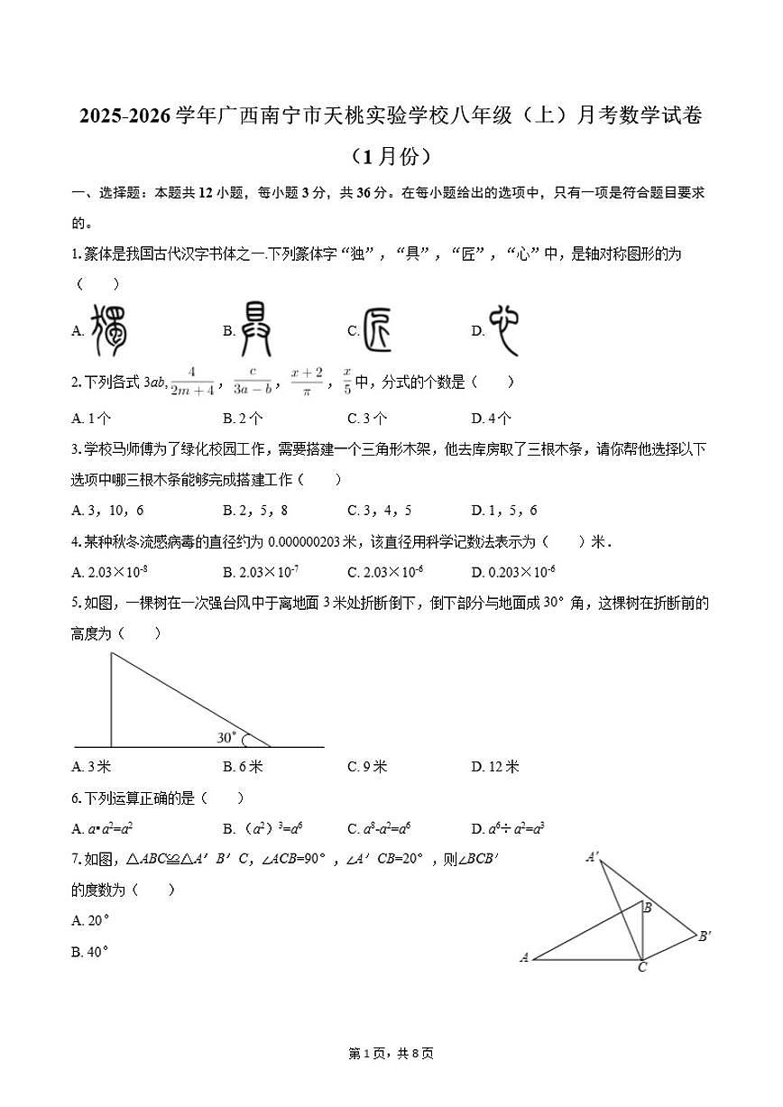2025-2026学年广西南宁市天桃实验学校八年级（上）月考数学（1月份）试卷第1页