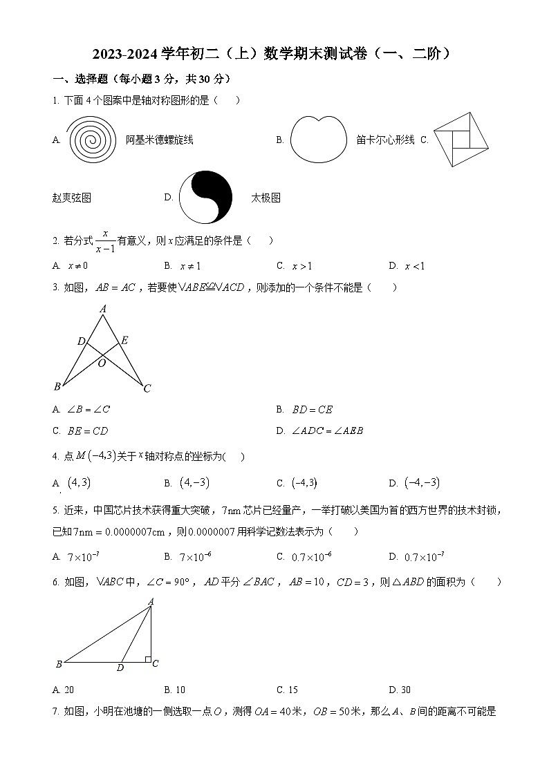 广东省东莞市东华初级中学八年级上学期期末数学试题（原卷版）-A4第1页