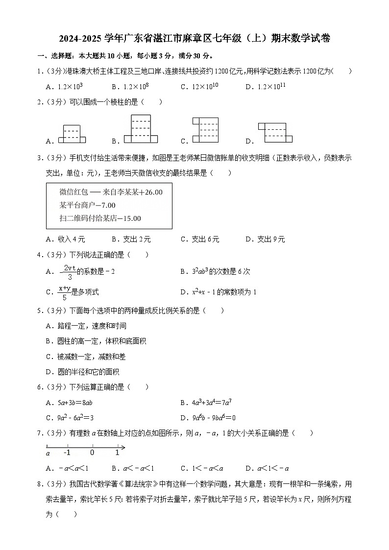 广东省湛江市麻章区七年级上学期期末考试数学试卷-A4第1页