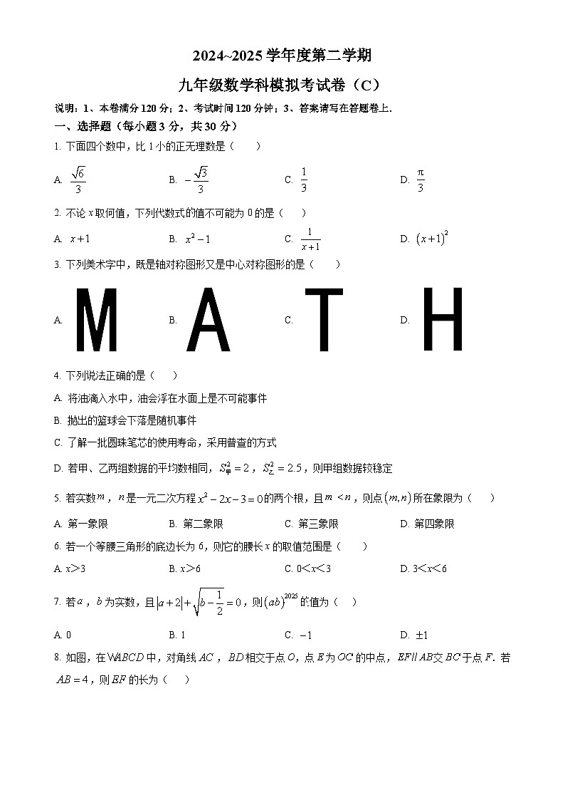 2025年广东省汕头市潮南区陈店公立学校等中考一模数学试题（原卷版）-A4第1页