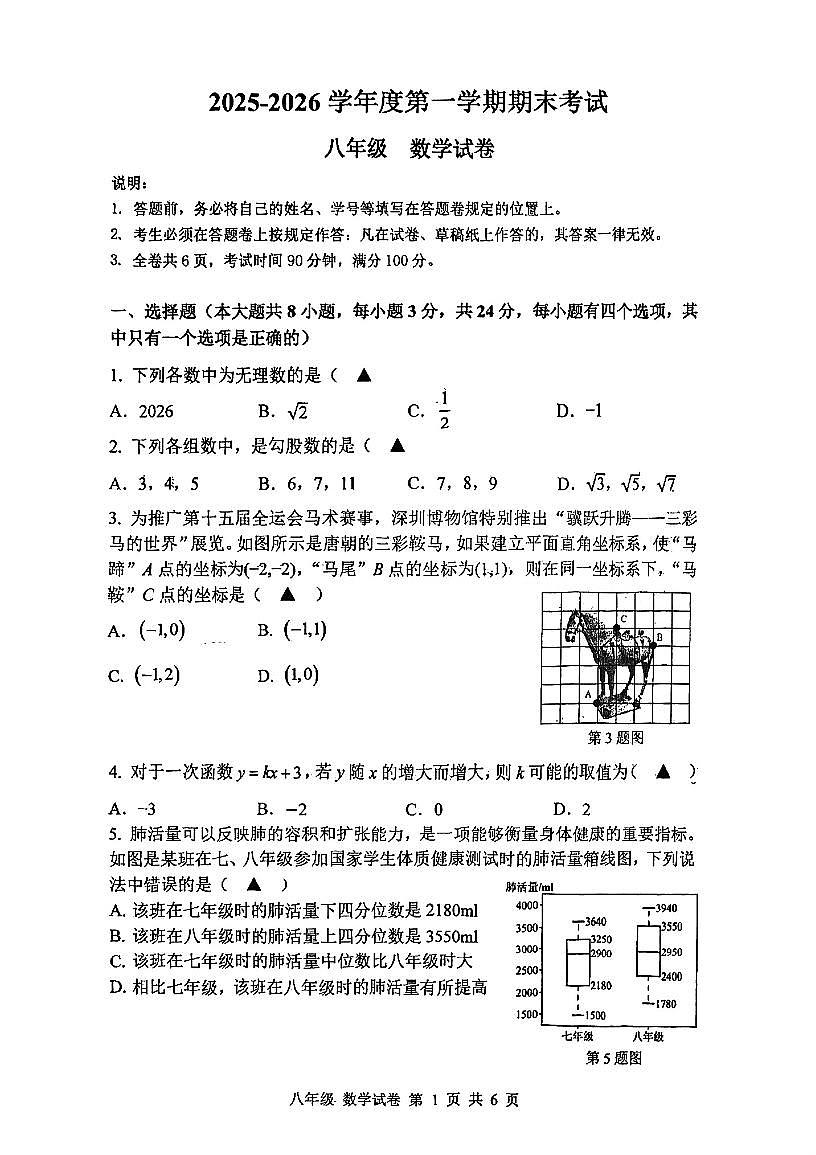 广东省深圳中学2025-2026学年八年级上学期期末数学试题（含答案）第1页