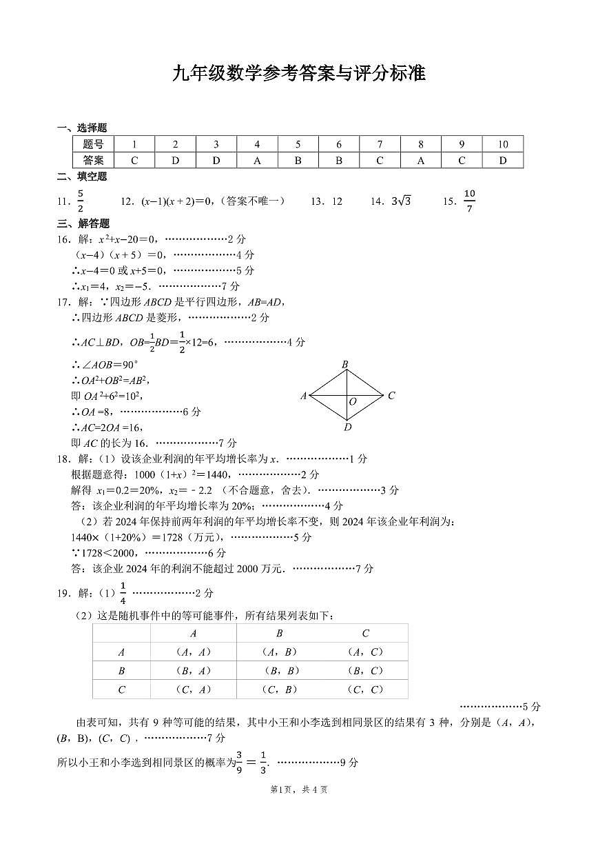 广东省佛山市南海区2024-2025学年度第一学期初中期末监测九年级数学答案第1页