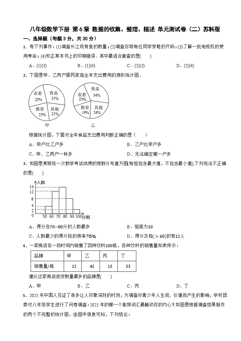 八年级数学下册 第6章 数据的收集、整理、描述 单元测试卷（二）苏科版（含解析）第1页