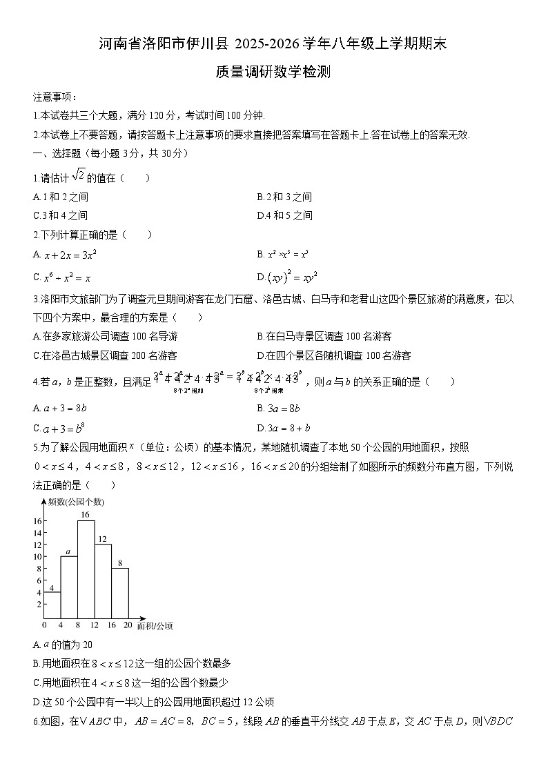 2025-2026学年河南省洛阳市伊川县八年级上学期期末质量调研检测数学试卷（学生版）第1页