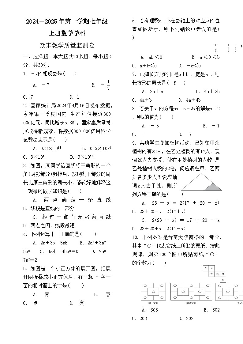 广东省湛江市徐闻县2024—2025学年上学期七年级上册数学期末教学质量监测卷-A4第1页