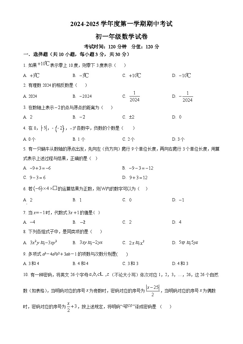 广东省东莞市东莞中学松山湖学校七年级上学期数学期中考试卷（原卷版）-A4第1页
