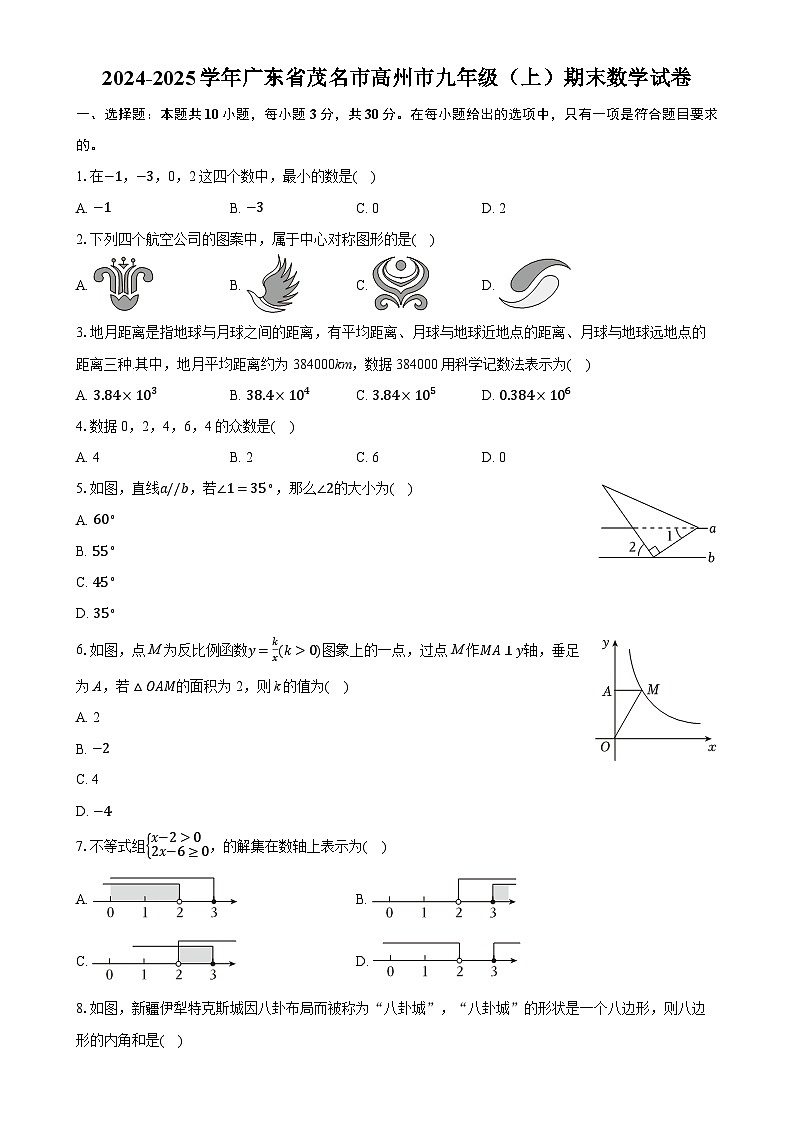 广东省茂名市高州市九年级上学期期末数学试卷-A4第1页