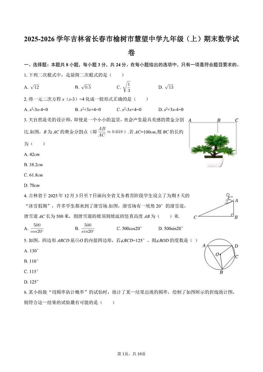 2025-2026学年吉林省长春市榆树市慧望中学九年级（上）期末数学试卷第1页