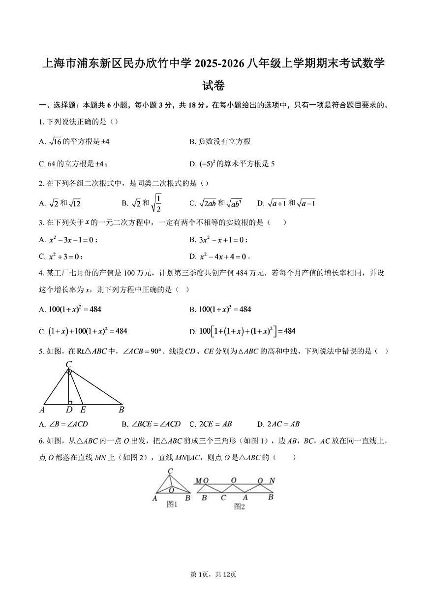 上海市浦东新区民办欣竹中学2025-2026八年级上学期期末考试数学-自定义类型试卷第1页