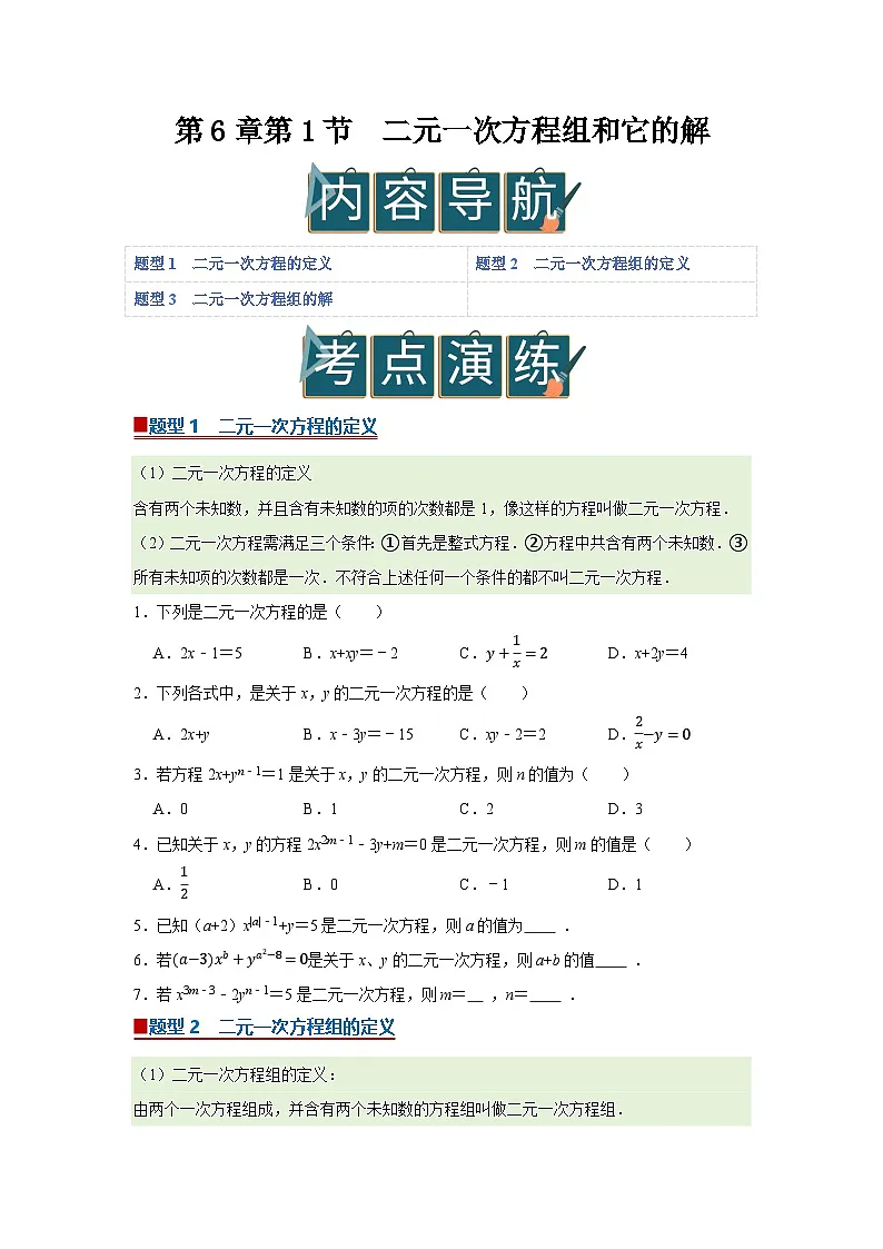 第6章第1节 二元一次方程组和它的解 2025-2026学年七年级下初中数学同步复习讲义（华师大版2024）(原卷版）第1页