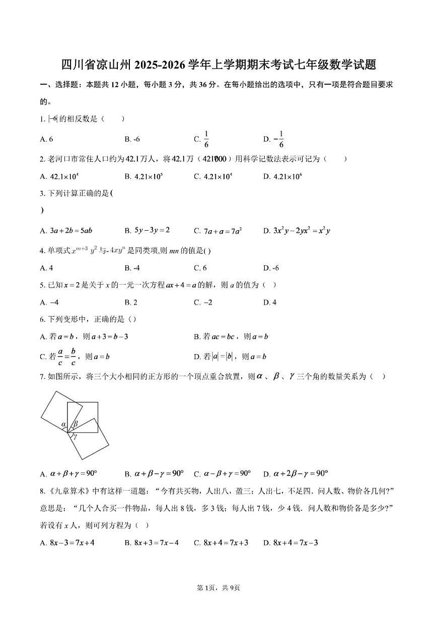 2025-2026学年四川省凉山州上学期期末考试七年级数学_(含答案_)试题第1页