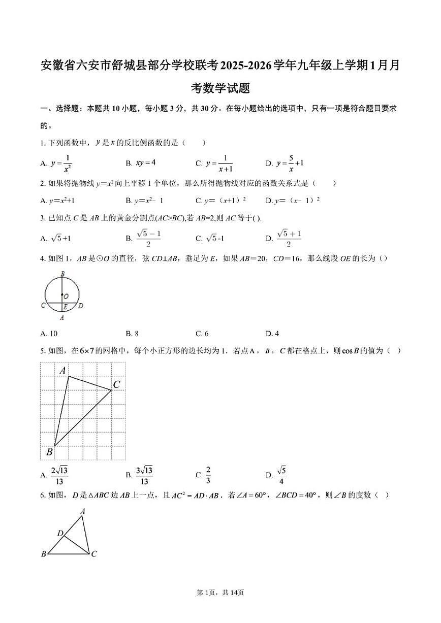 2025-2026学年安徽省六安市舒城县部分学校联考九年级上学期1月月考数学试题（含答案）第1页
