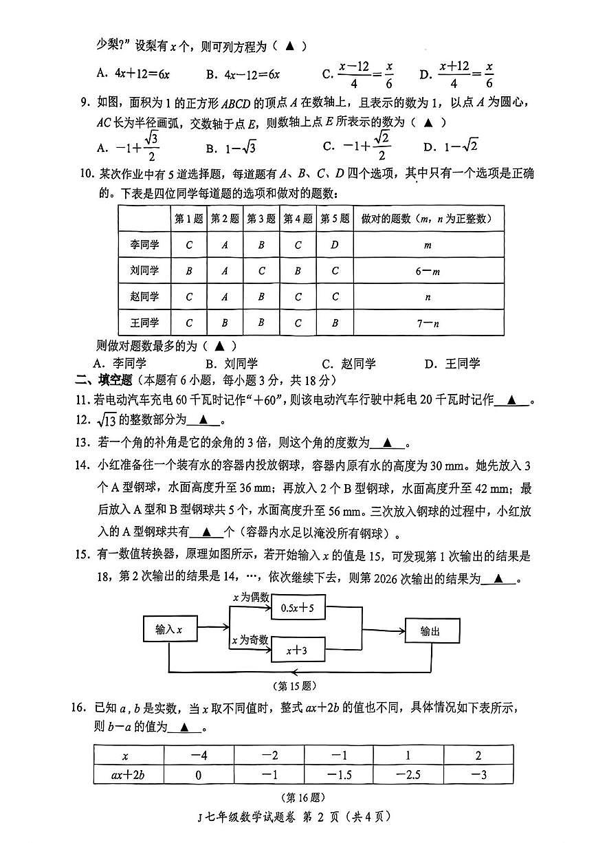 浙江台州市椒江区2025-2026学年七年级上学期期末考试数学试卷第2页