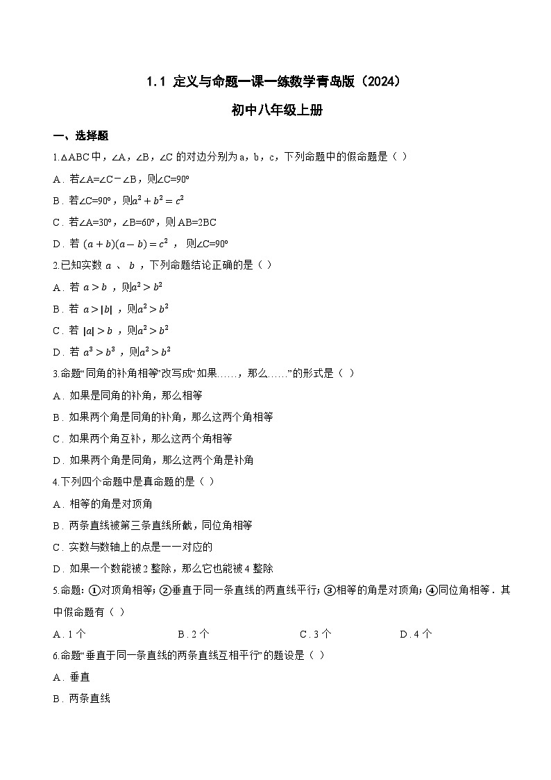1.1 定义与命题一课一练数学青岛版（2024）初中八年级上册(无答案)第1页