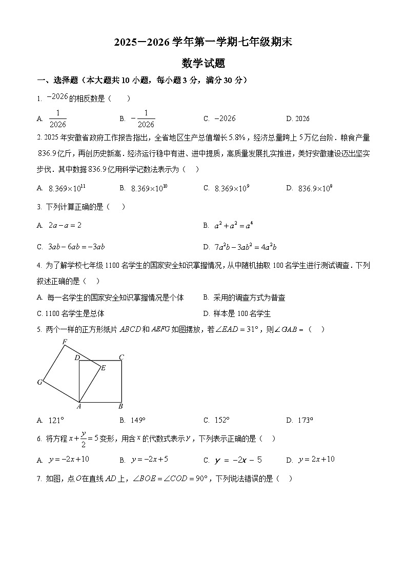 安徽合肥市瑶海区2025-2026学年第一学期七年级期末考试数学试题（试卷+解析）第1页