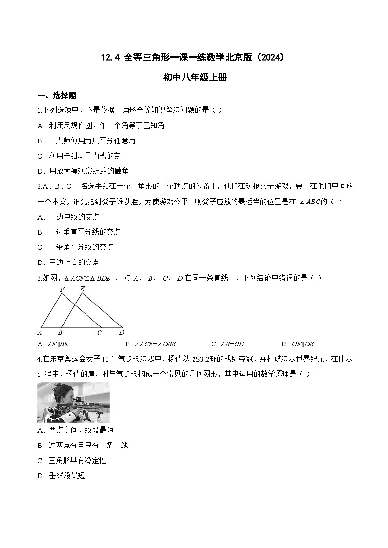 12.4 全等三角形一课一练数学北京版（2024）初中八年级上册(无答案)第1页