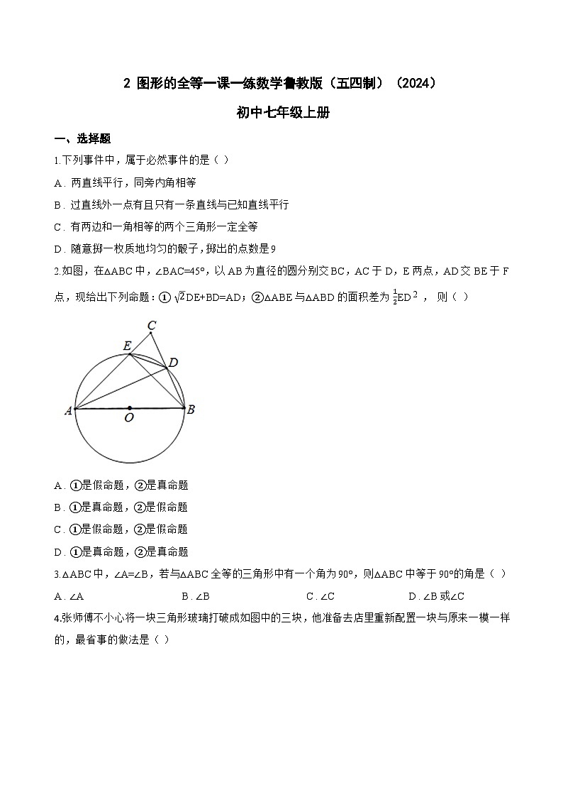 2 图形的全等一课一练数学鲁教版（五四制）（2024）初中七年级上册(无答案)第1页