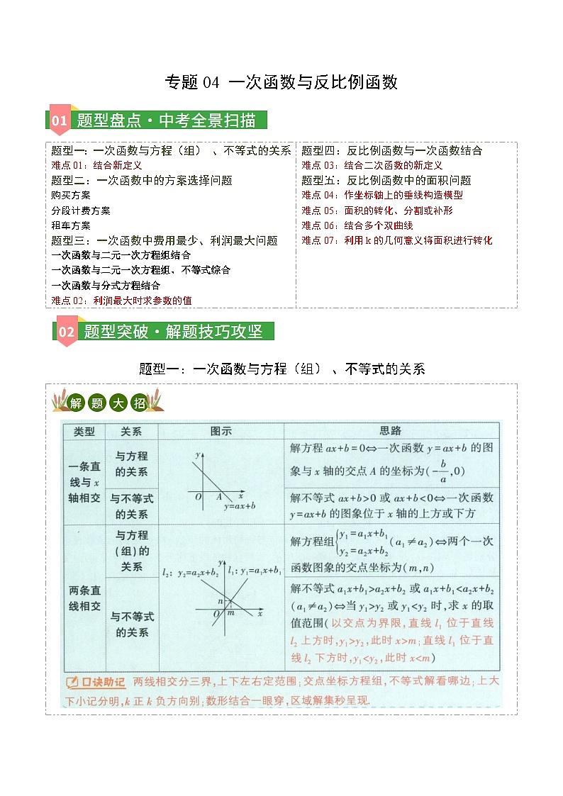 专题04 一次函数与反比例函数（5大题型7难点，题型清单）（原卷版）第1页