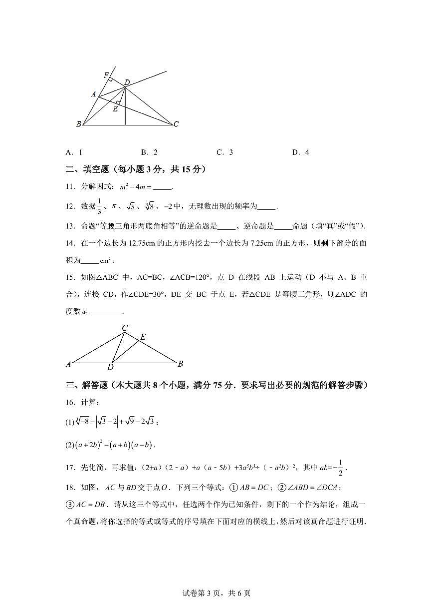 2025~2026学年河南省洛阳市汝阳县八年级上学期期末学科素养检测数学试卷（含答案）第3页