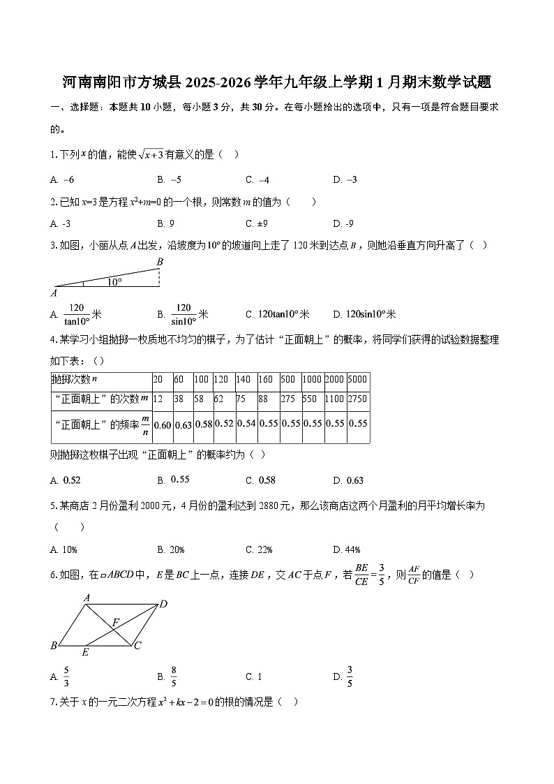 河南南阳市方城县2025-2026学年九年级上学期1月期末数学试题-自定义类型第1页