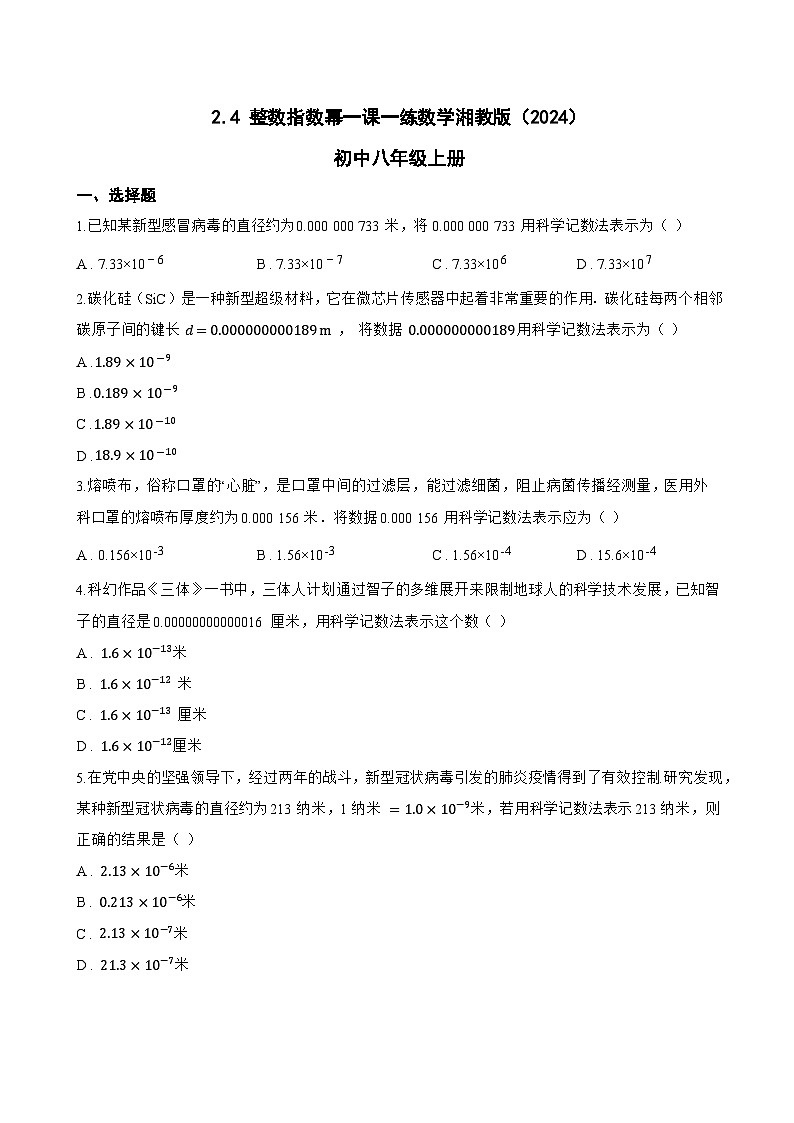 2.4 整数指数幂一课一练数学湘教版（2024）初中八年级上册(无答案)第1页